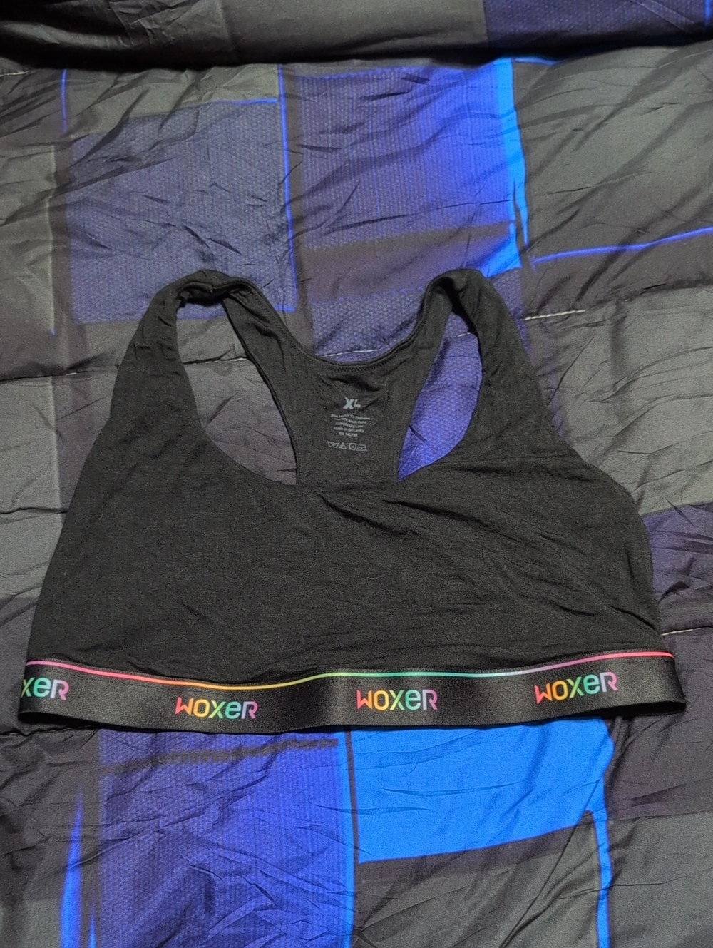 Woxer Black Racerback Sports Bra with Rainbow Logo Band